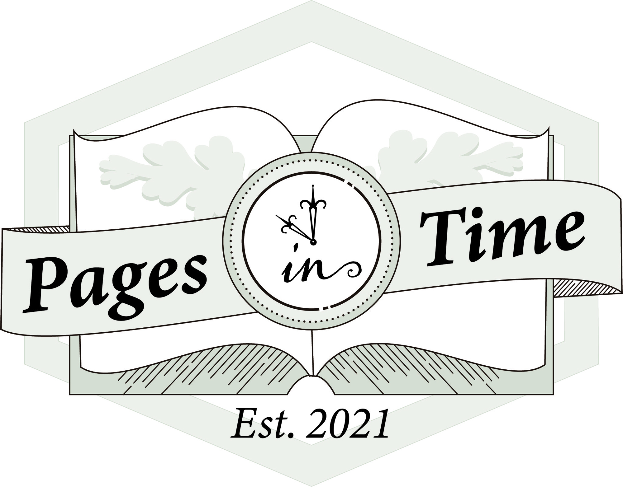 <b>Pages in Time Logo</b><br><i>Created using Illustrator.</i> This logo was designed as a modern take on quaint for a business located in a small, tourist community.